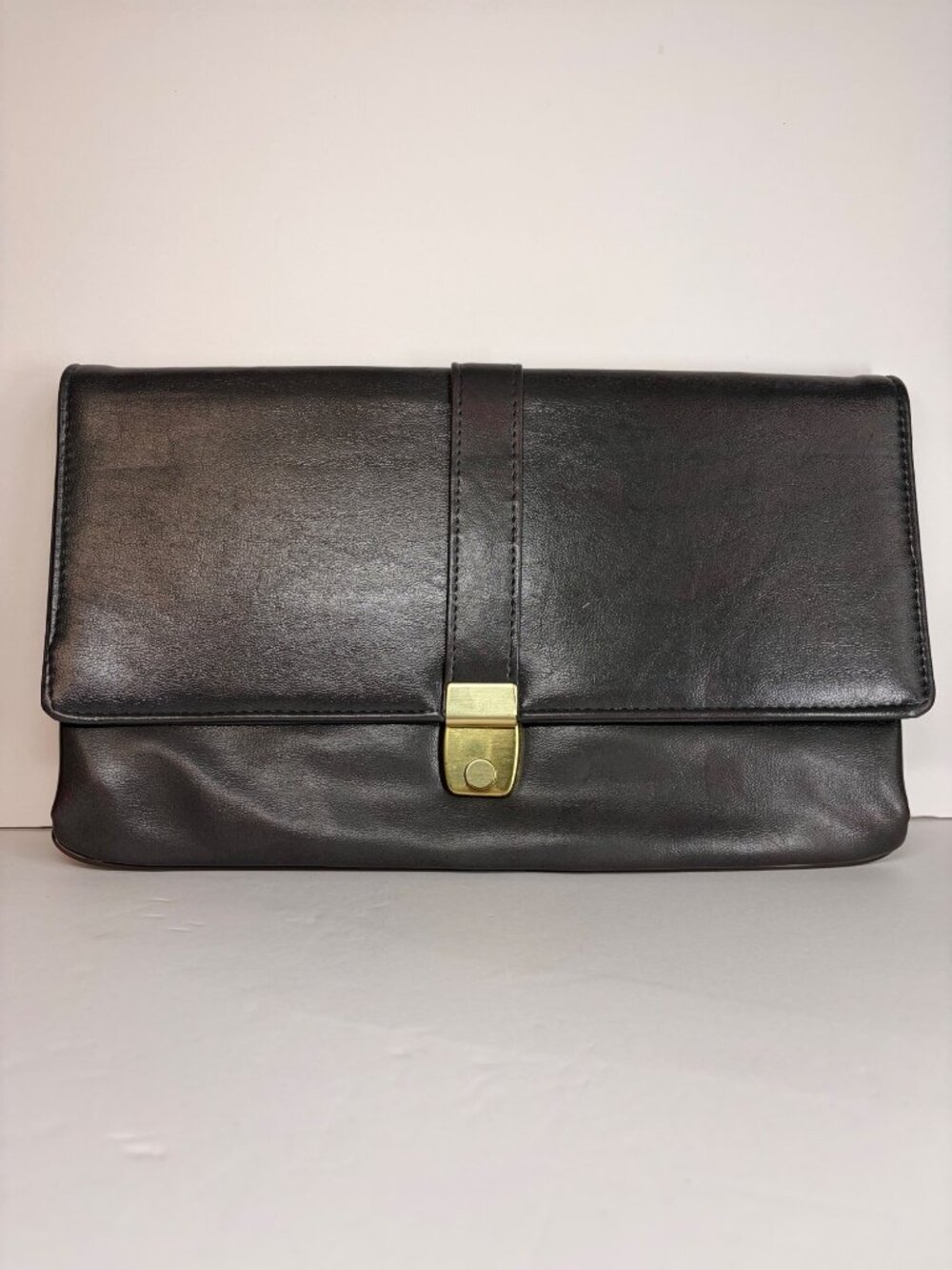 Vintage Black Leather Clutch Bag Envelope Portfolio Brass Push Lock Organizer